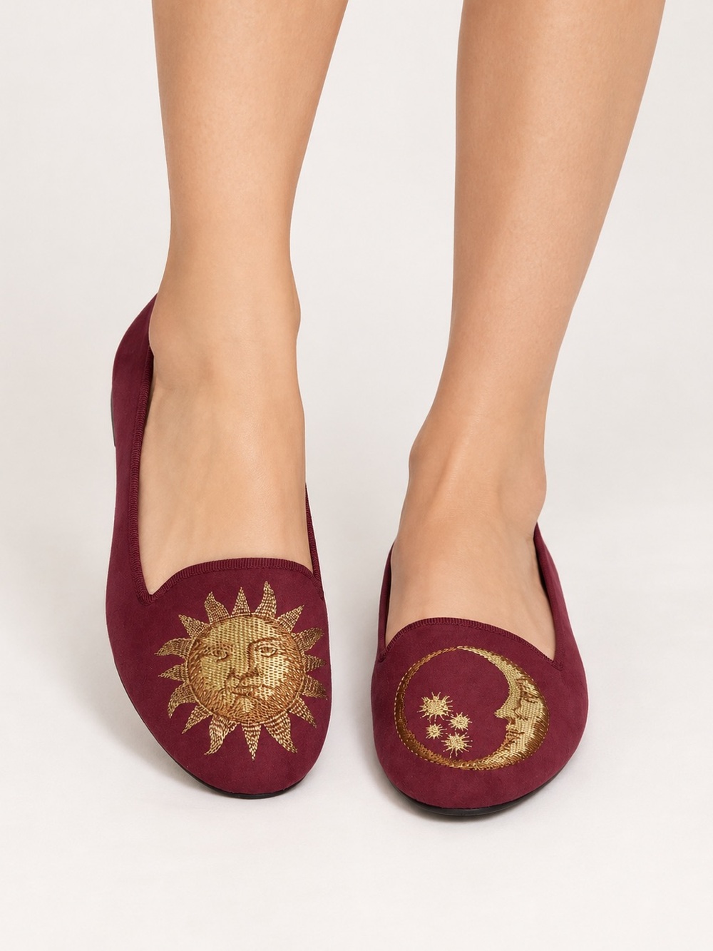 [WOMEN] EZRA Burgundy Sun Moon Embroidered Loafers Flats EU 41 US 10.5 - Picture 2 of 4